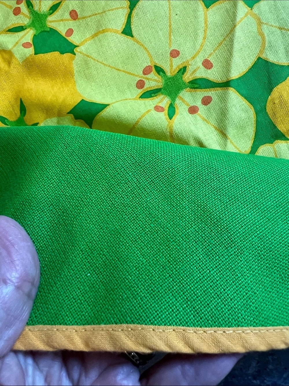 Vintage MCM deadstock 5’ round 60”  vibrant green, yell & orange tablecloth